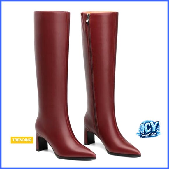 Faux Leather Knee High Boots Chunky Heel Pointed Toe Side Zipper - Picture 5 of 7